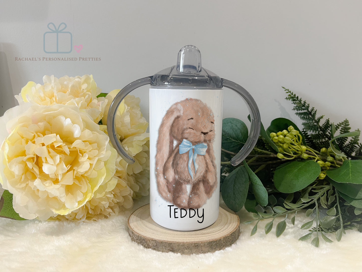 Personalised Metal Sippy Cup - Blue Bow Bunny image 0