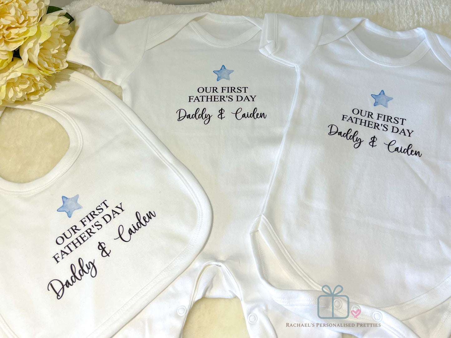 Personalised Our First Fathers Day Baby Grow, Bib or Sleepsuit -Blue Star image 1
