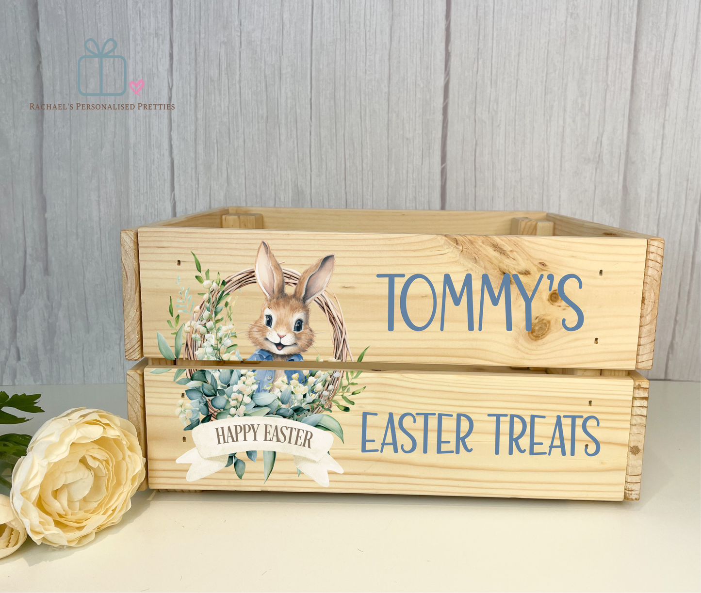 Blue Easter Wreath Bunny Wooden Easter Crate