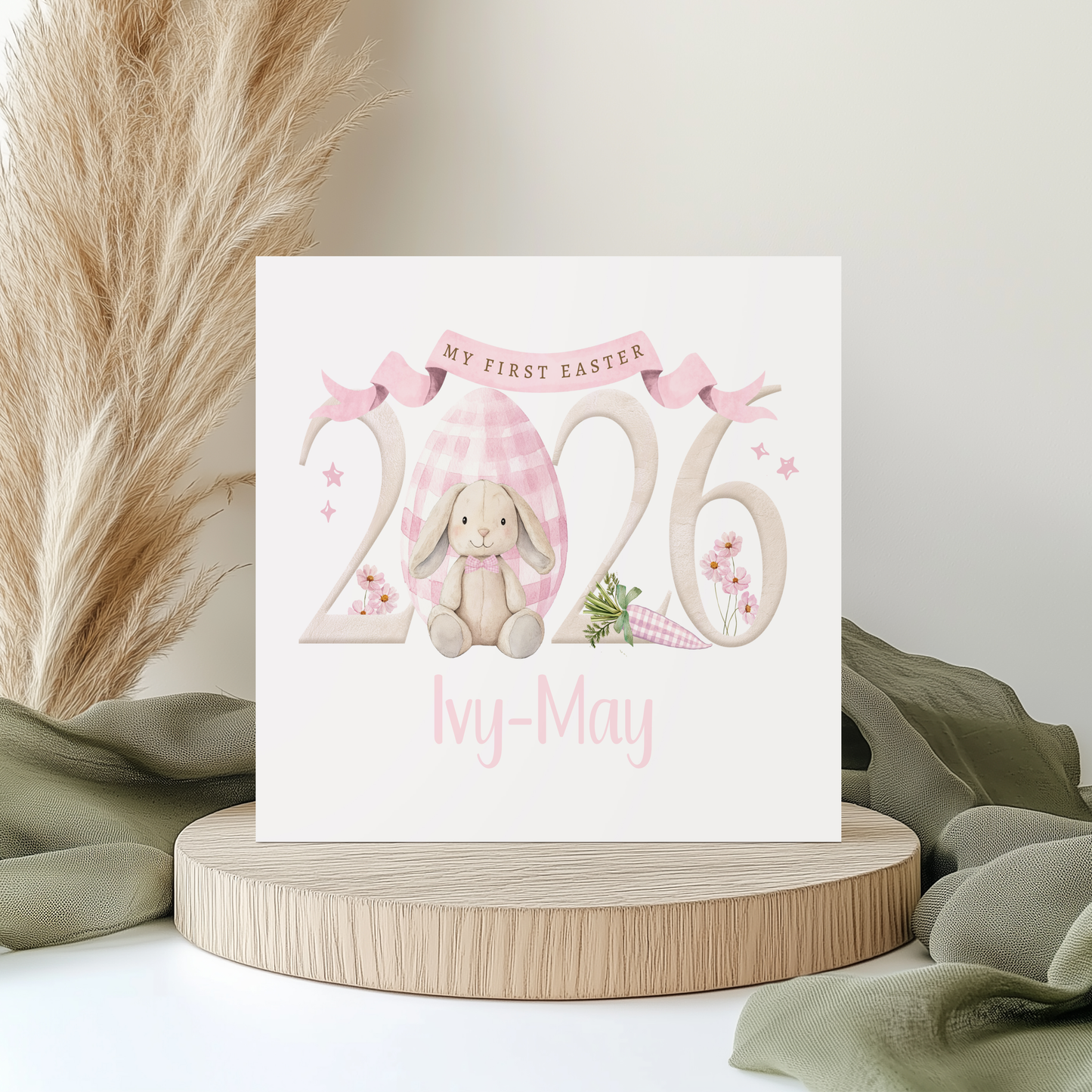 Personalised My First Easter Card 2026, Baby's 1st Easter Keepsake, Gingham Bunny Easter Card Boy or Girl in Pink, Green Blue