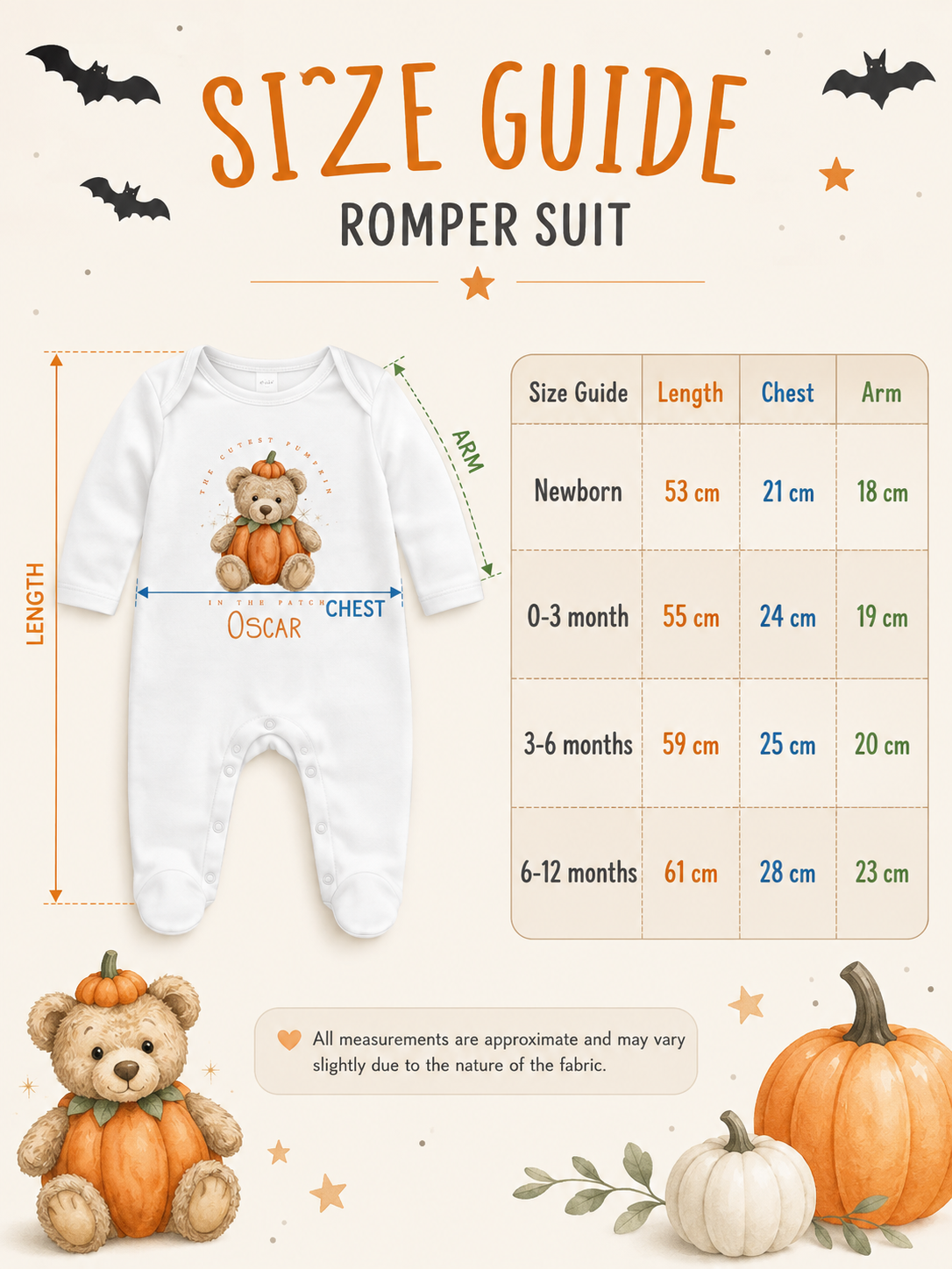 Personalised Baby Halloween Romper Vest or Bib, Pumpkin Bear Design, 100% Cotton