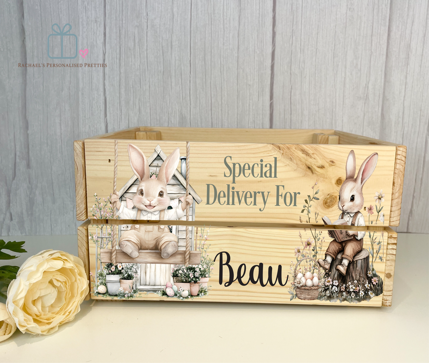 Whimsical Easter Bunny Wooden Crate Box