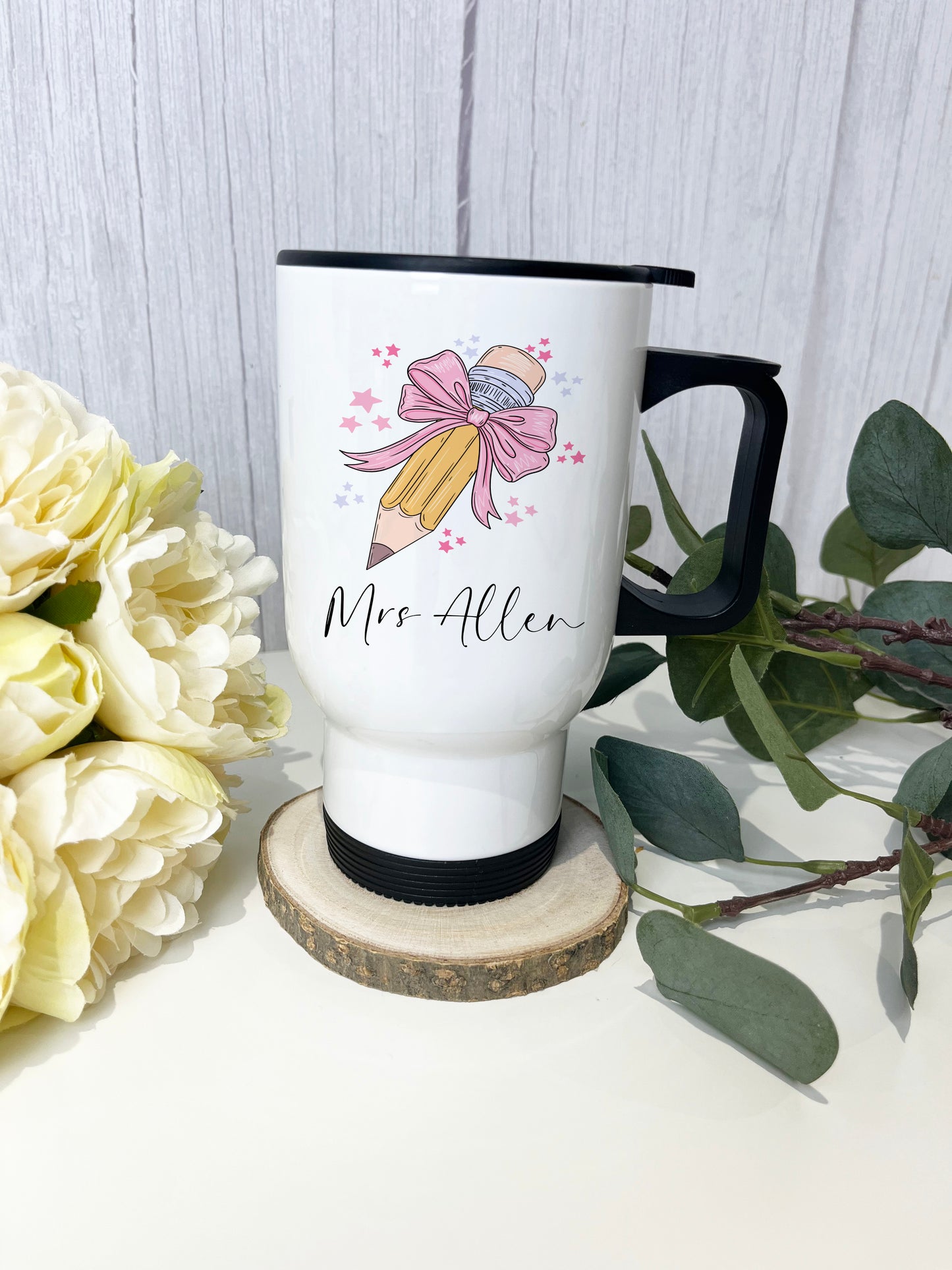 Personalised Teacher Travel Mug -Bow Pencil Design image 1