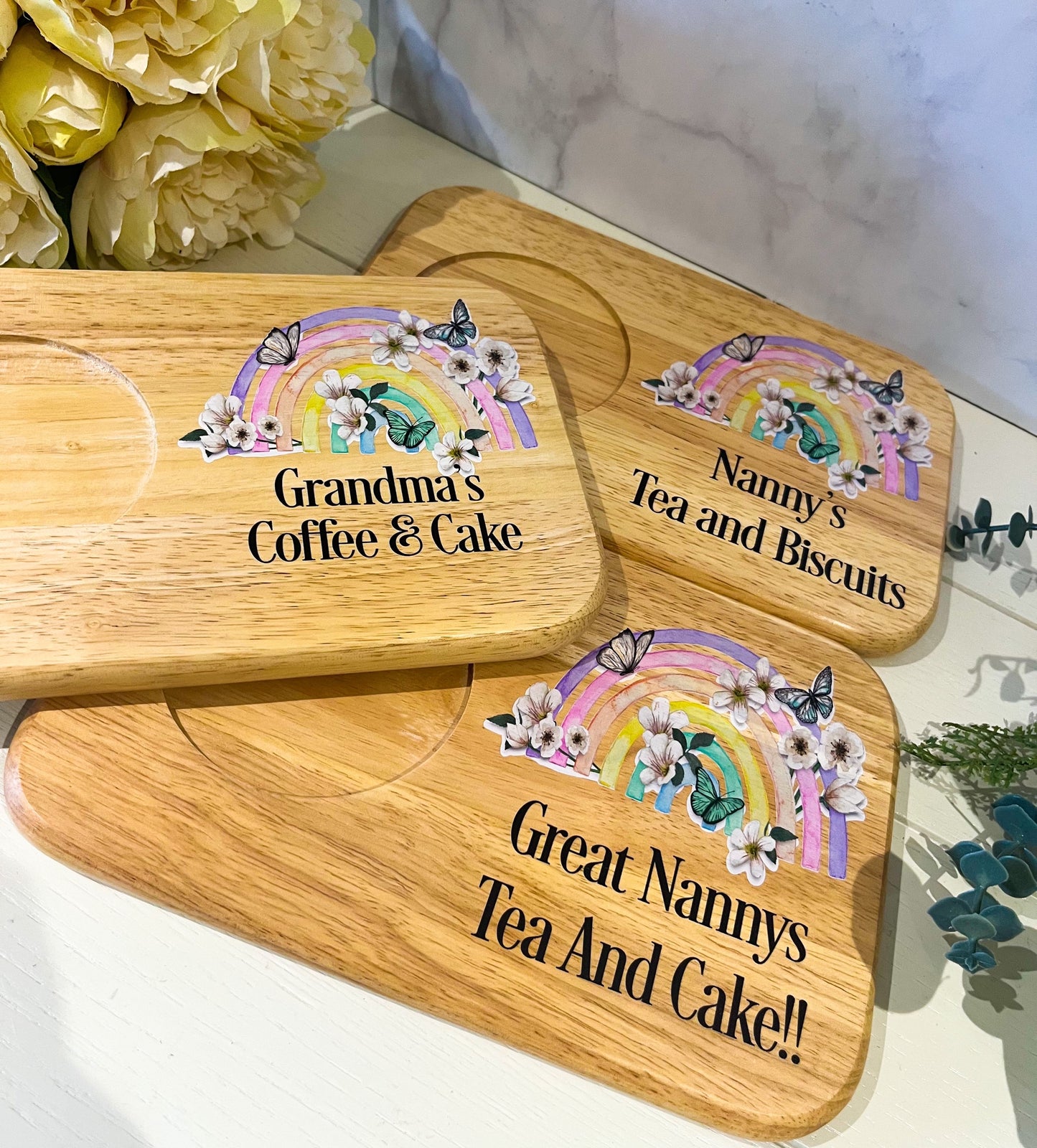 Personalised Tea & Biscuit Board - with butterfly rainbow image 1