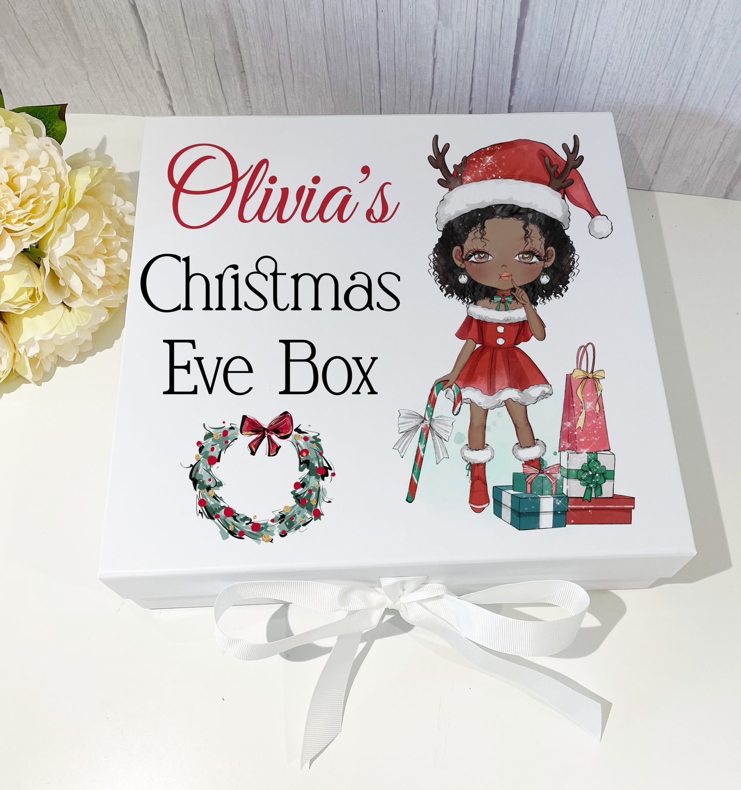 Reindeer Girl Christmas Eve Box with ribbon tie image 3