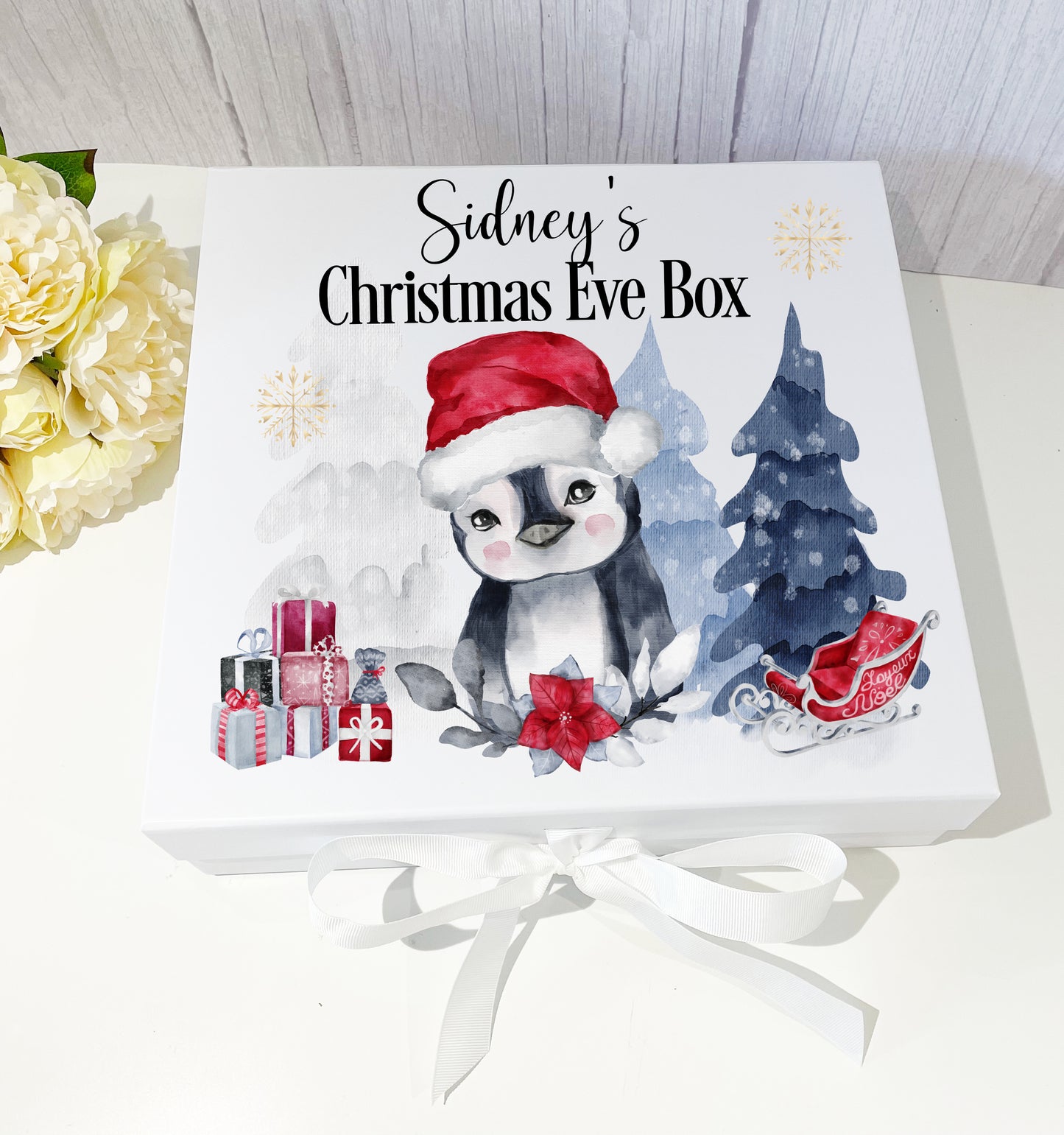 Penguin Christmas Eve Box with ribbon tie image 0