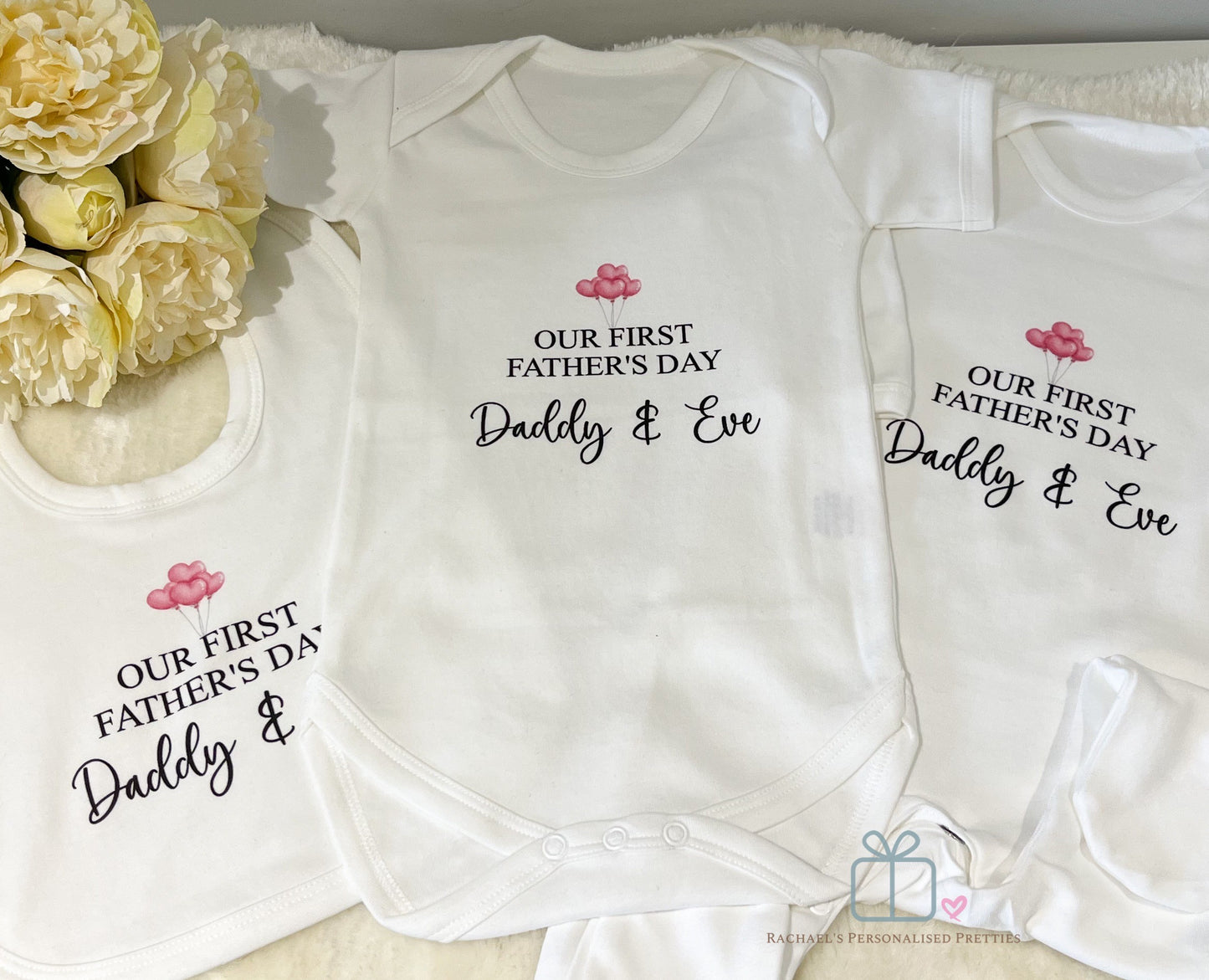 Personalised Our First Fathers Day Baby Grow, Bib or Sleepsuit -Pink Balloons image 1