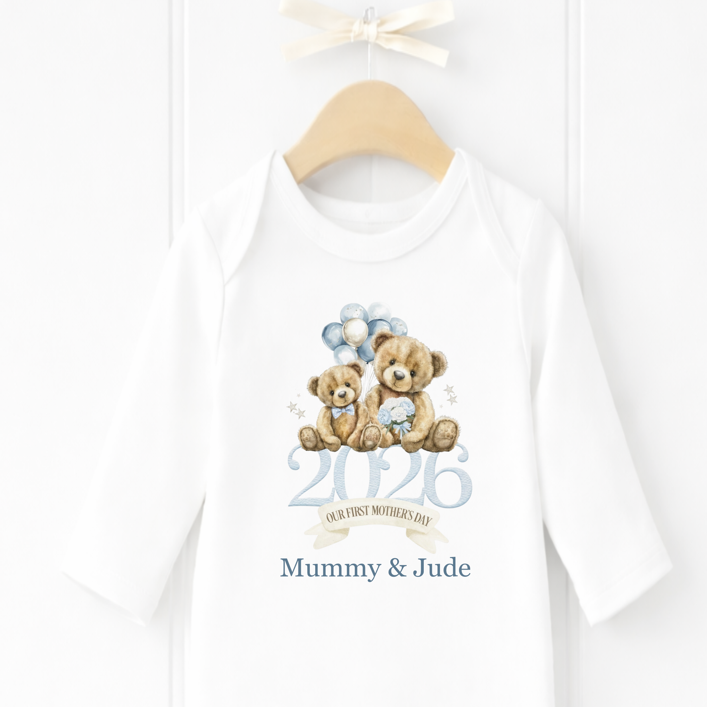 Personalised Our First Mothers Day 202 Bears Baby Grow, Bib or Sleepsuit Blue