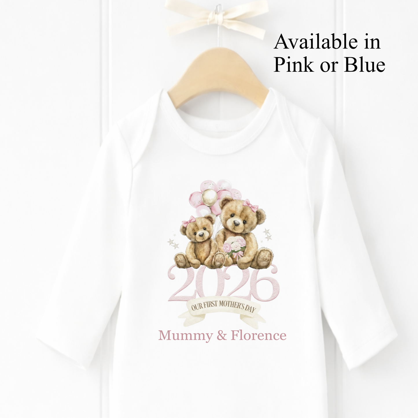 Personalised Our First Mothers Day 202 Bears Baby Grow, Bib or Sleepsuit Pink