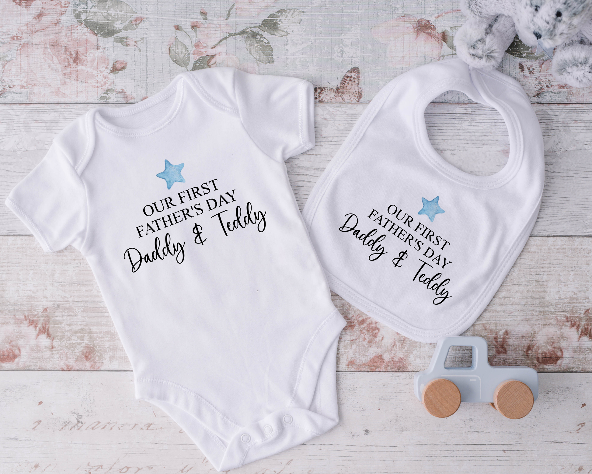 Personalised Our First Fathers Day Baby Grow, Bib or Sleepsuit -Blue Star one size Vest
