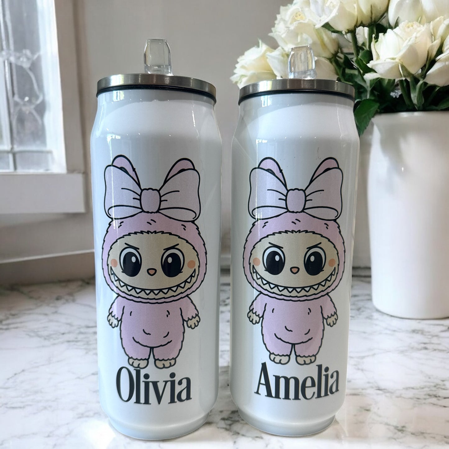 Little Monsters Personalised Can Style Water bottle with Flip Straw