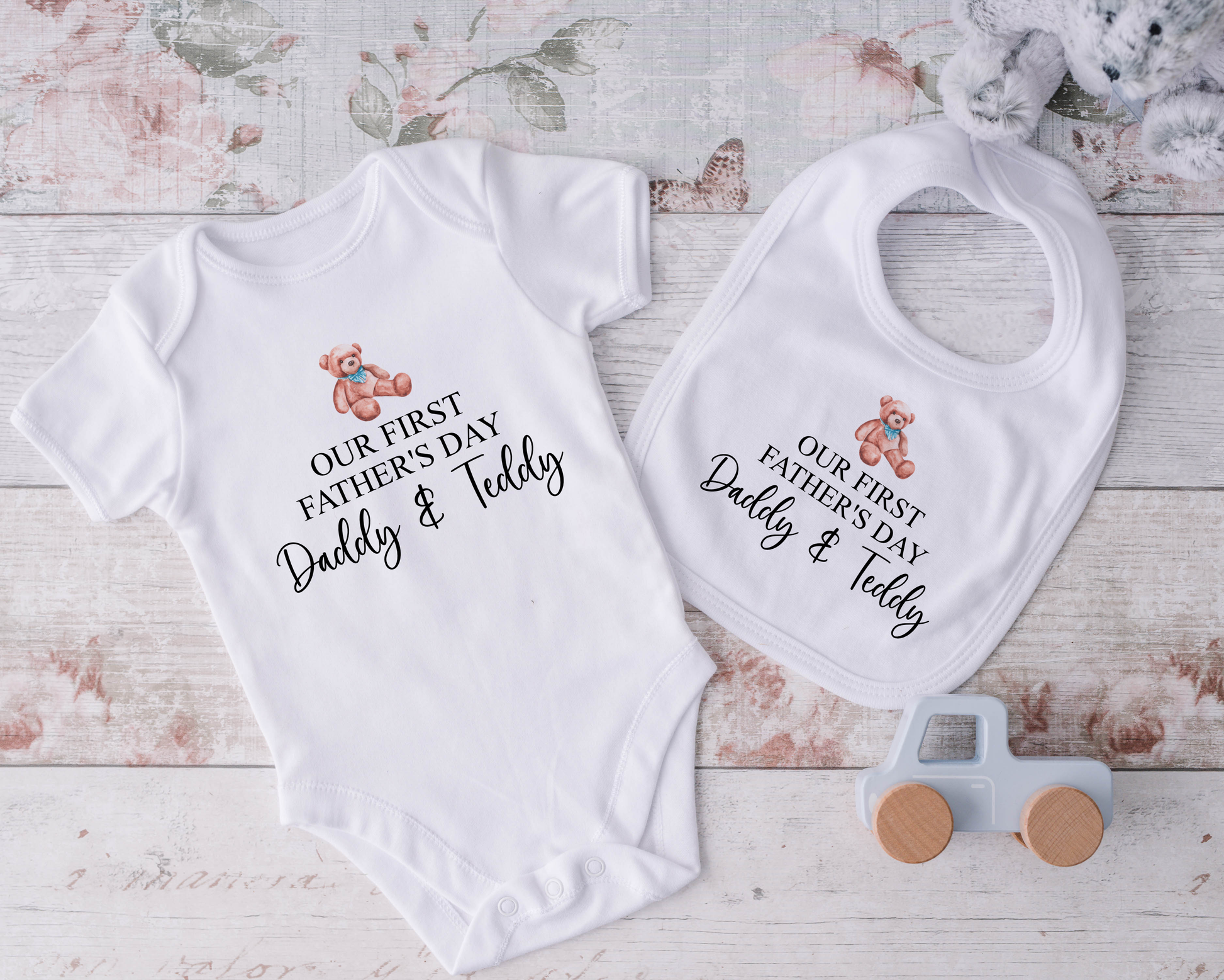 Personalised Our First Fathers Day Baby Grow, Bib or Sleepsuit -Teddy Bear image 0