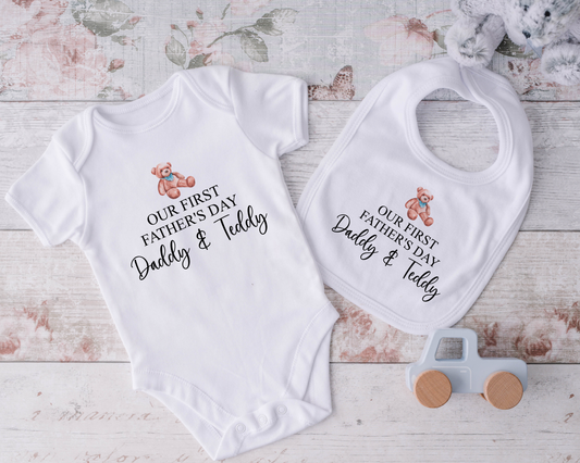 Personalised Our First Fathers Day Baby Grow, Bib or Sleepsuit -Teddy Bear image 0