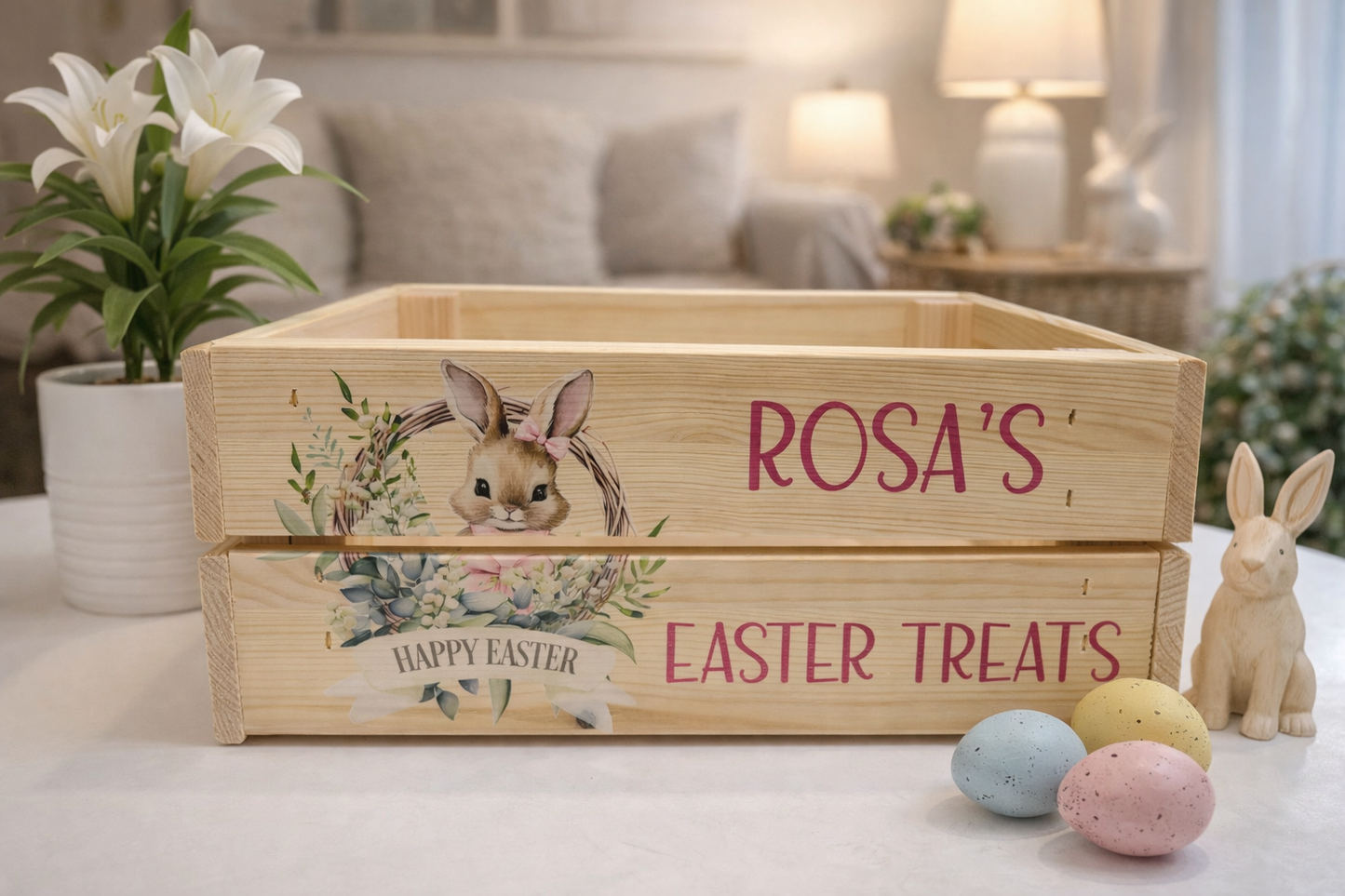 Pink Easter Wreath Bunny Wooden Easter Crate