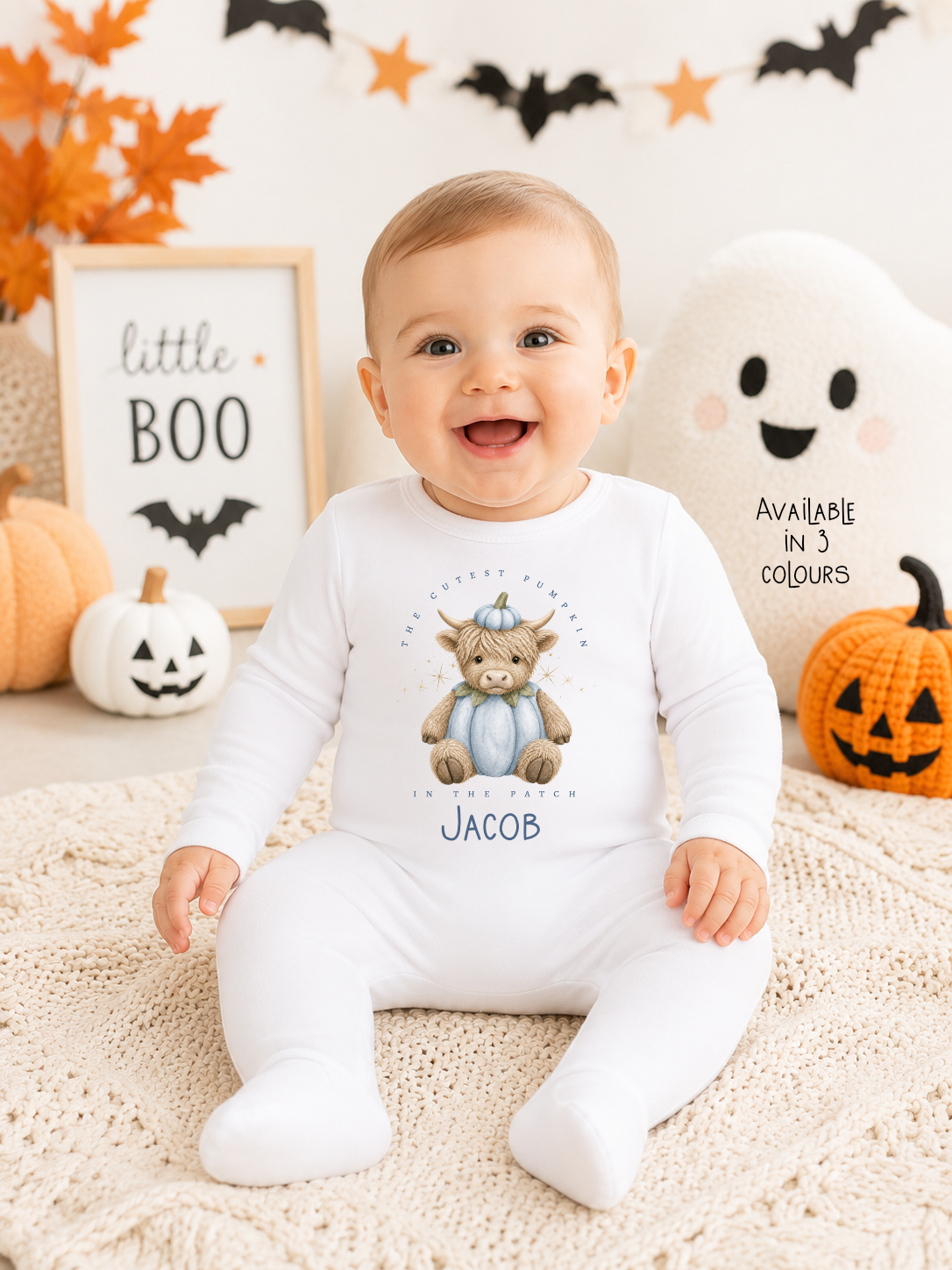Personalised Baby Halloween Romper Vest or Bib, Pumpkin Highland Cow Design, 100% Cotton