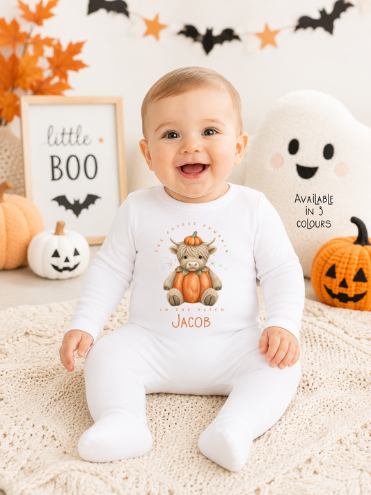 Personalised Baby Halloween Romper Vest or Bib, Pumpkin Highland Cow Design, 100% Cotton