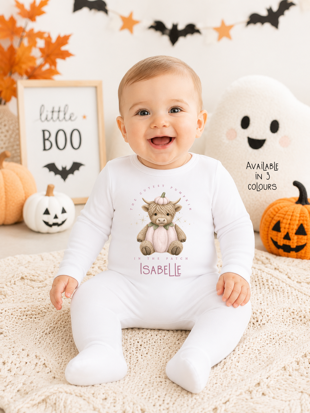 Personalised Baby Halloween Romper Vest or Bib, Pumpkin Highland Cow Design, 100% Cotton