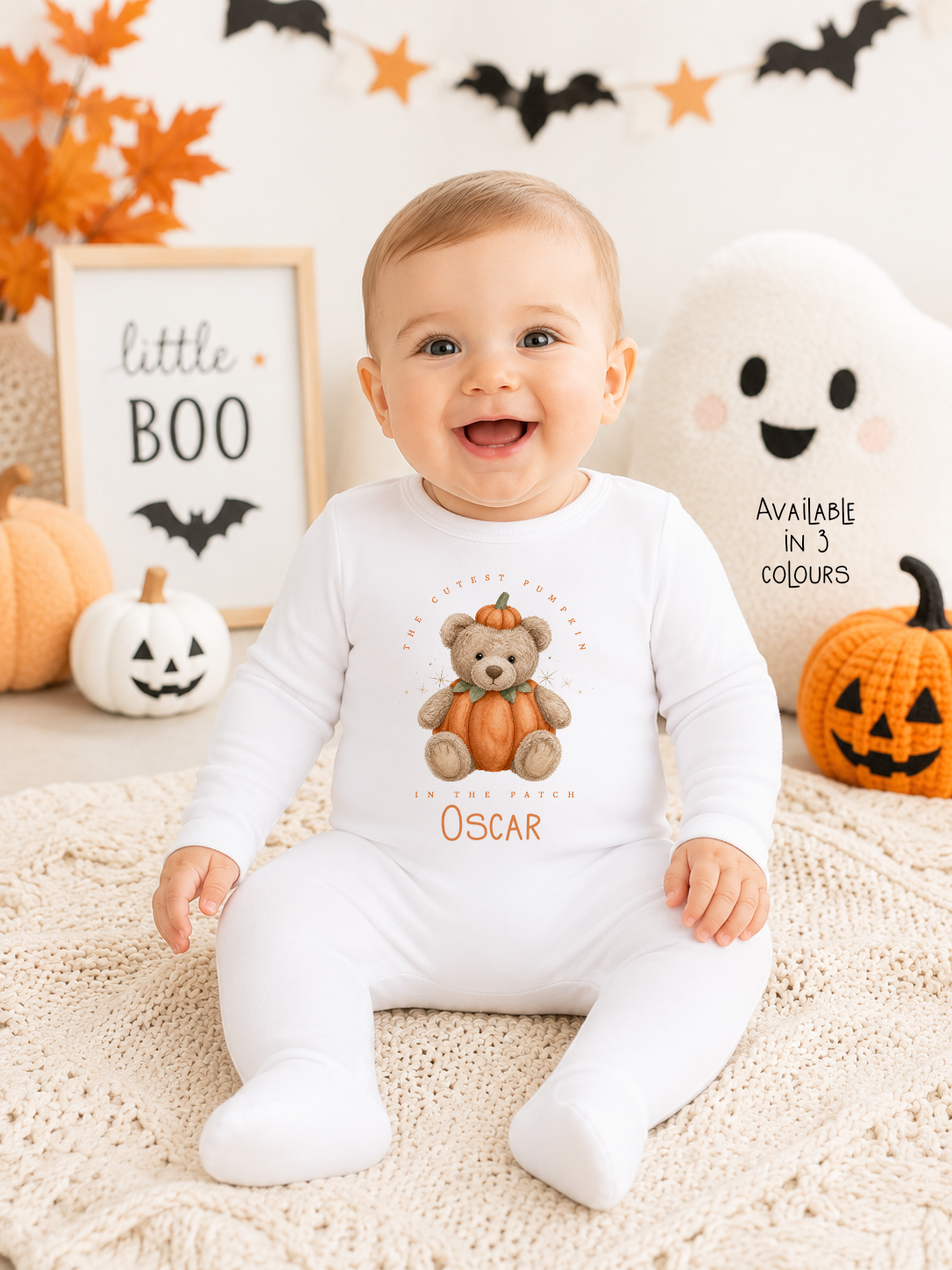 Personalised Baby Halloween Romper Vest or Bib, Pumpkin Bear Design, 100% Cotton