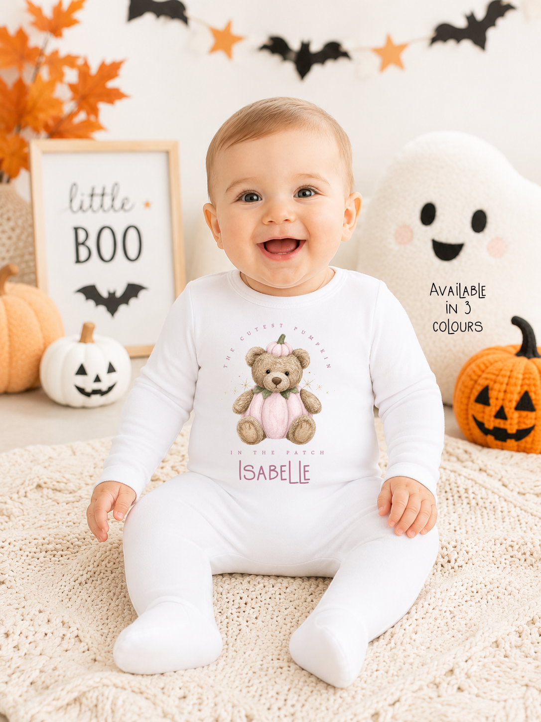 Personalised Baby Halloween Romper Vest or Bib, Pumpkin Bear Design, 100% Cotton