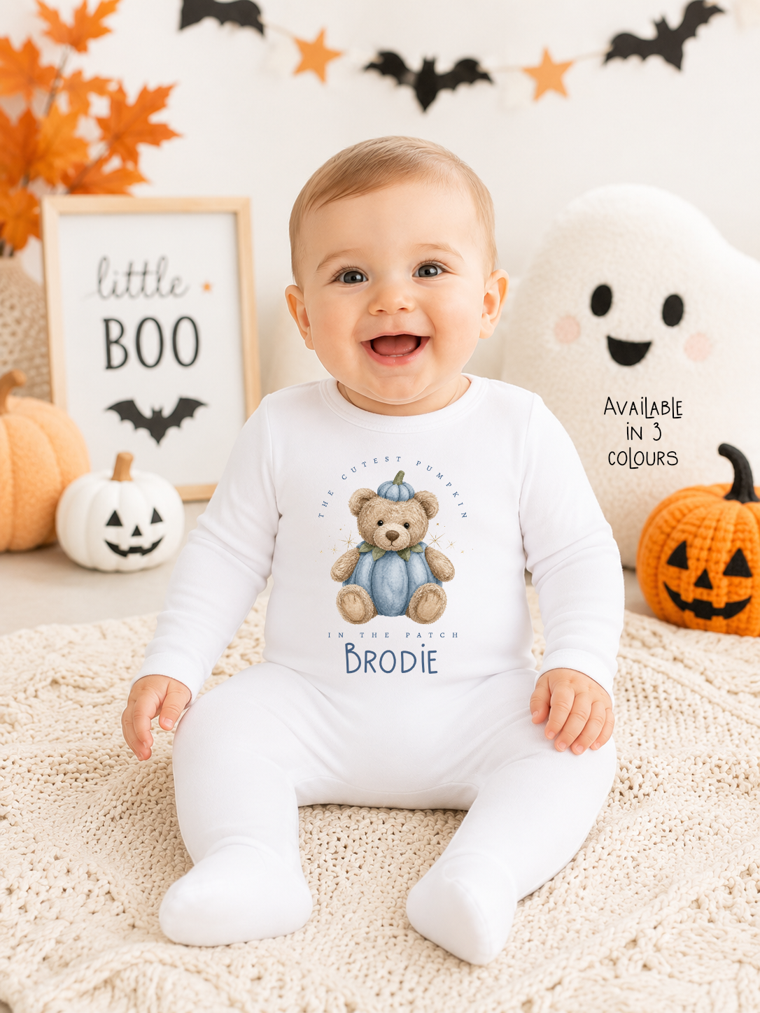 Personalised Baby Halloween Romper Vest or Bib, Pumpkin Bear Design, 100% Cotton