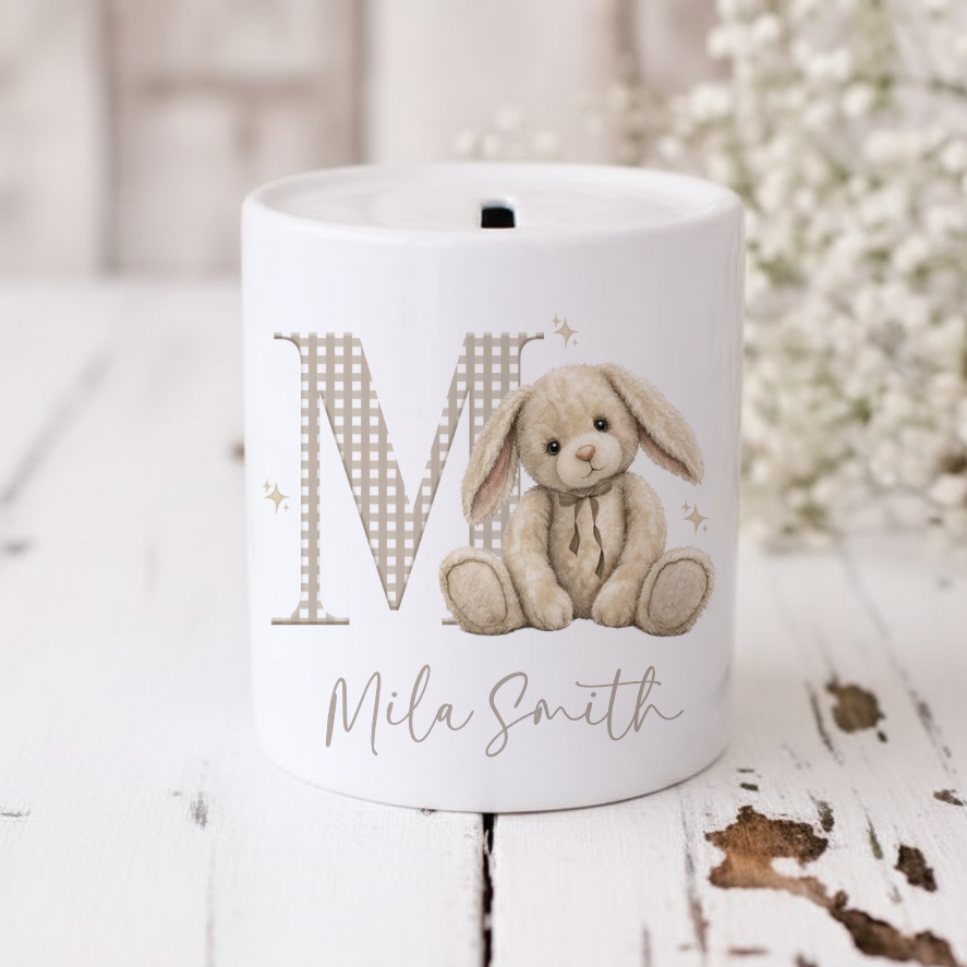 Children’s Personalised Money Box with Cute and and Gingham Initial