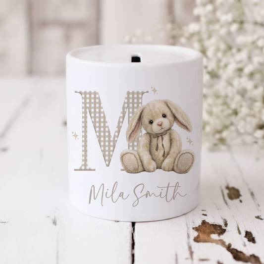 Children’s Personalised Money Box with Cute and and Gingham Initial
