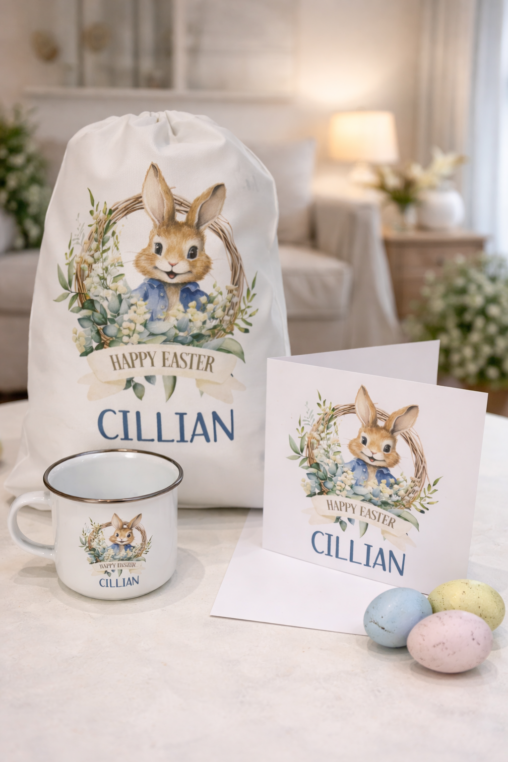 Blue Easter Wreath Bunny Easter A3 Sack Bag
