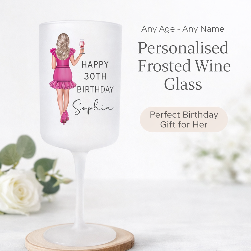 Personalised Wine Glass - Any Birthday Pink Dress