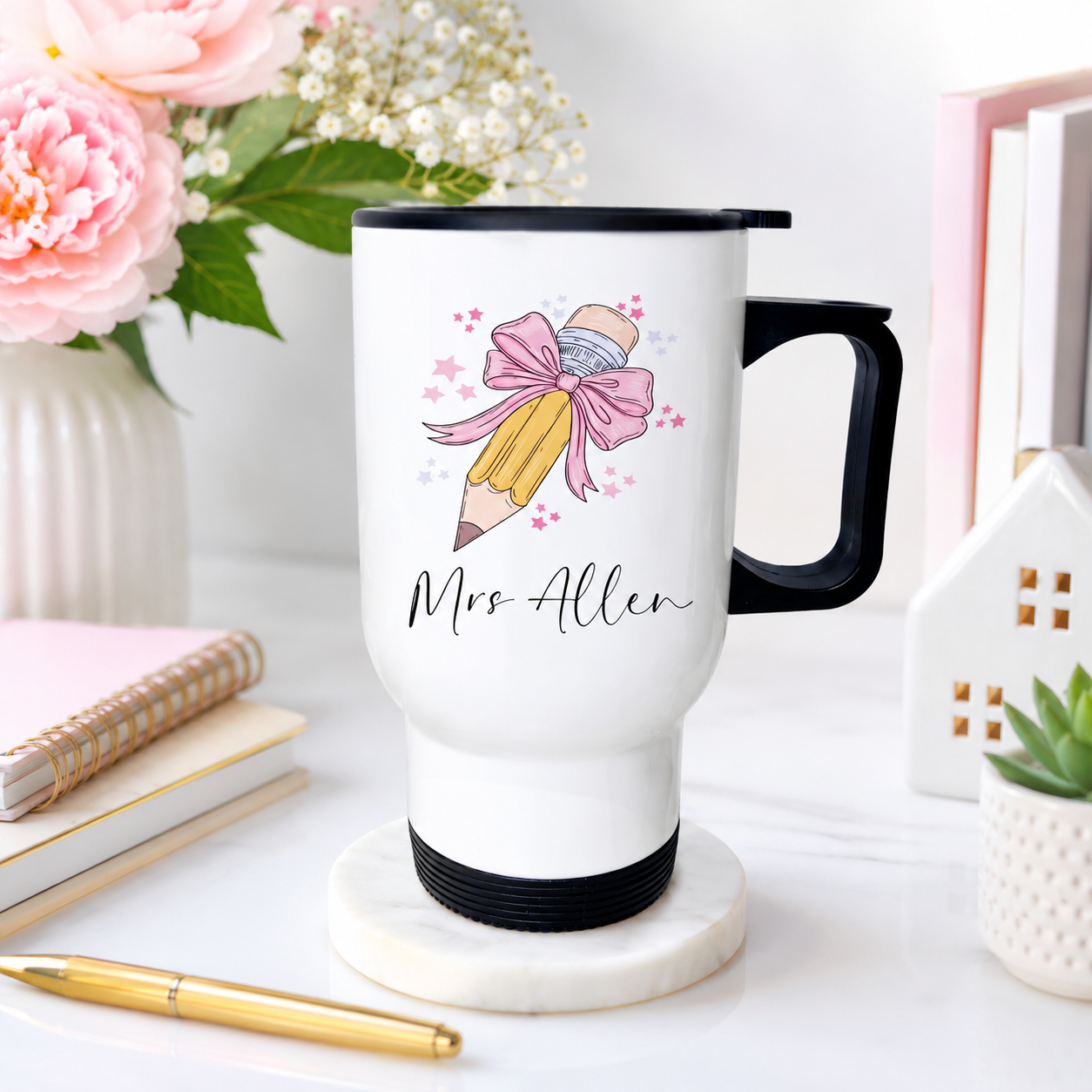 Personalised Teacher Travel Mug -Bow  Pencil Design