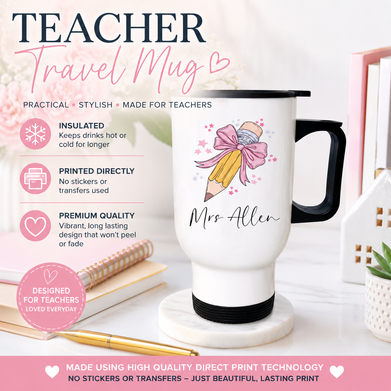 Personalised Teacher Travel Mug -Bow  Pencil Design