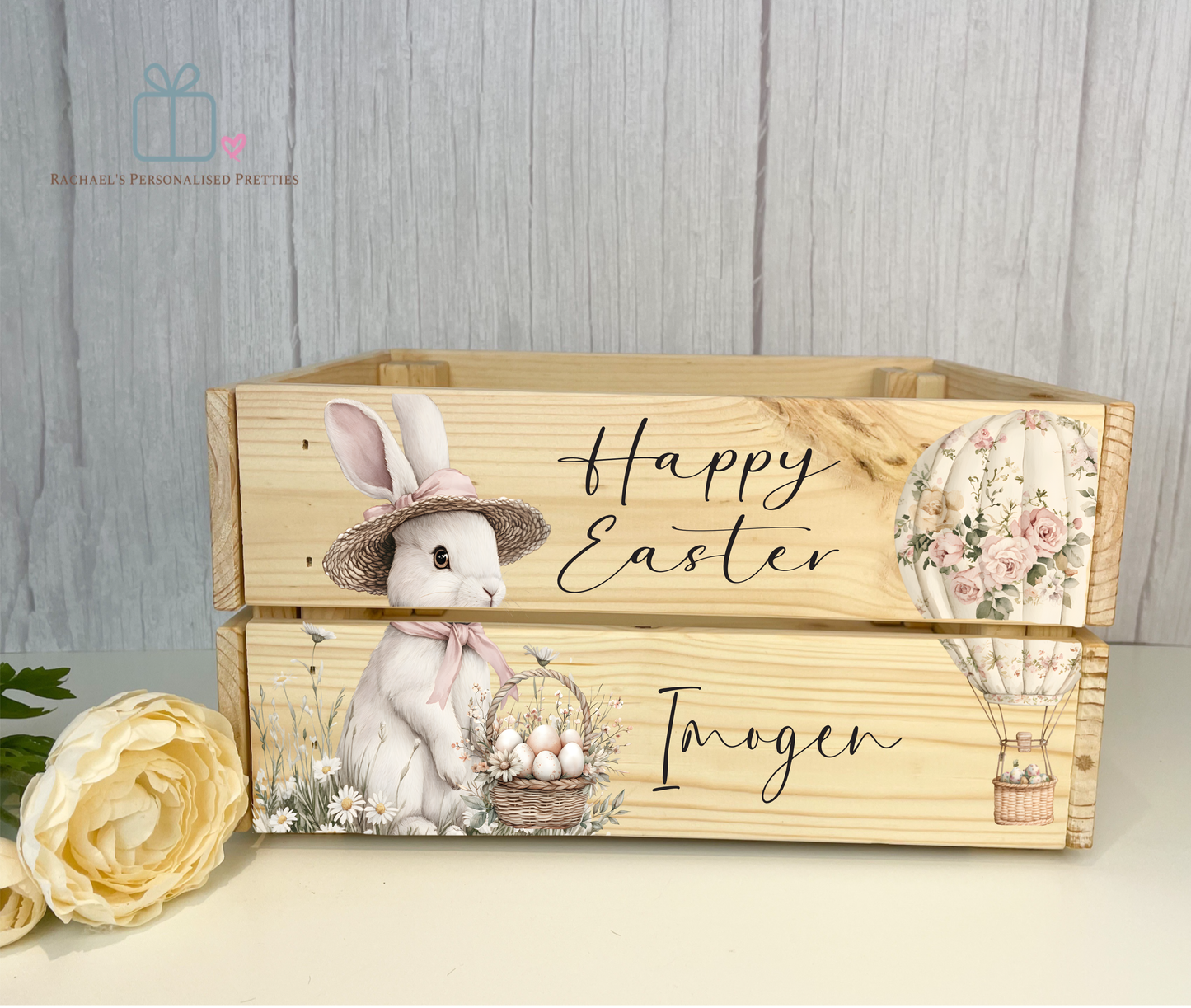 Neutral Easter Bunny Wooden Easter Crate