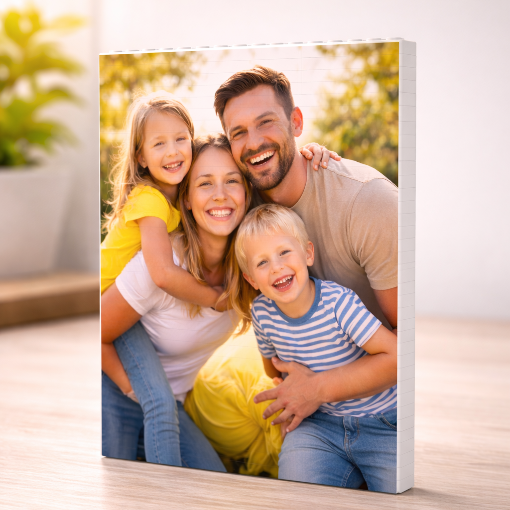 Family photo on a Lego Puzzle print displayed on a wooden surface with plants in the background