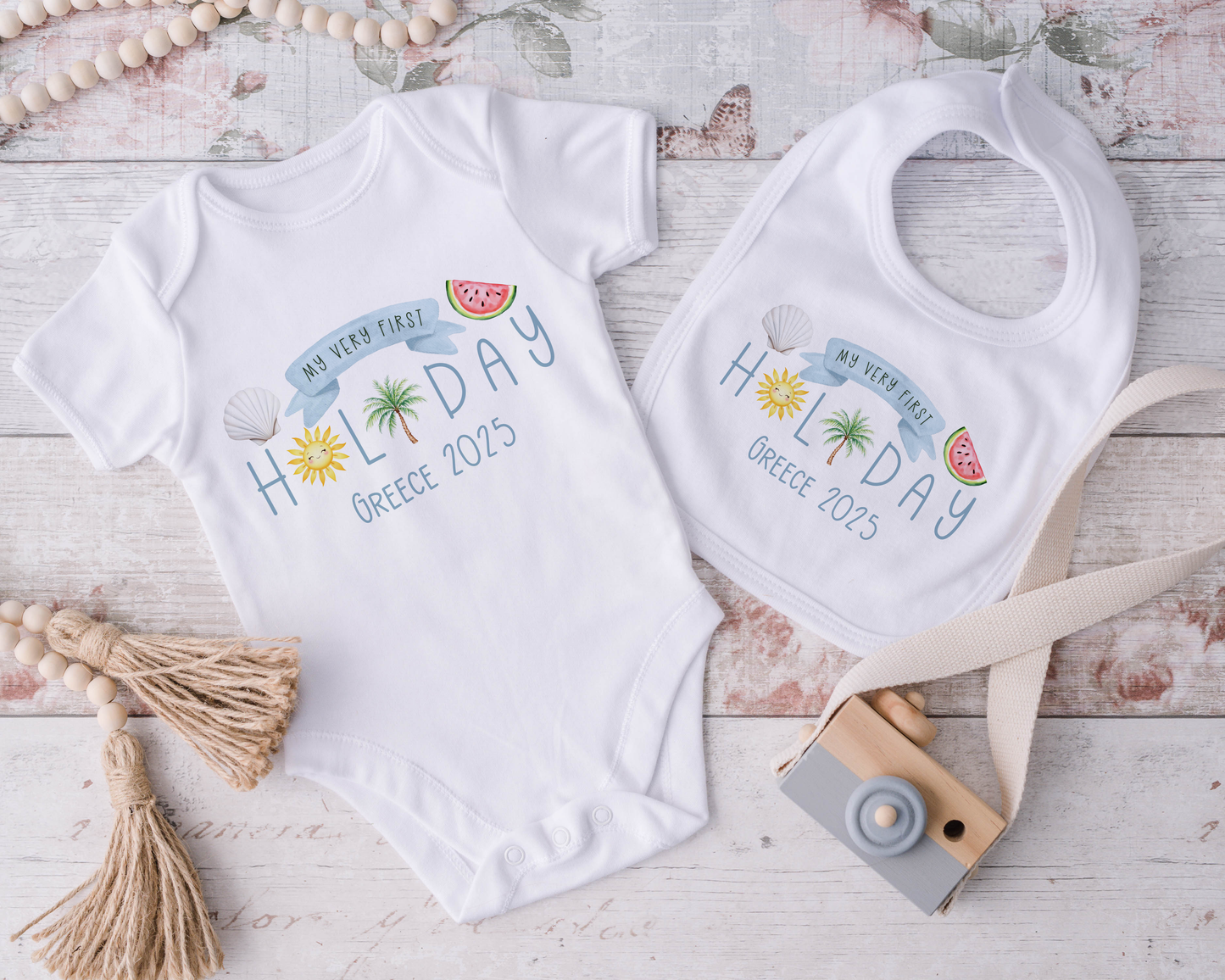 Personalised My Very First Holiday Outfit in Blue or Pink