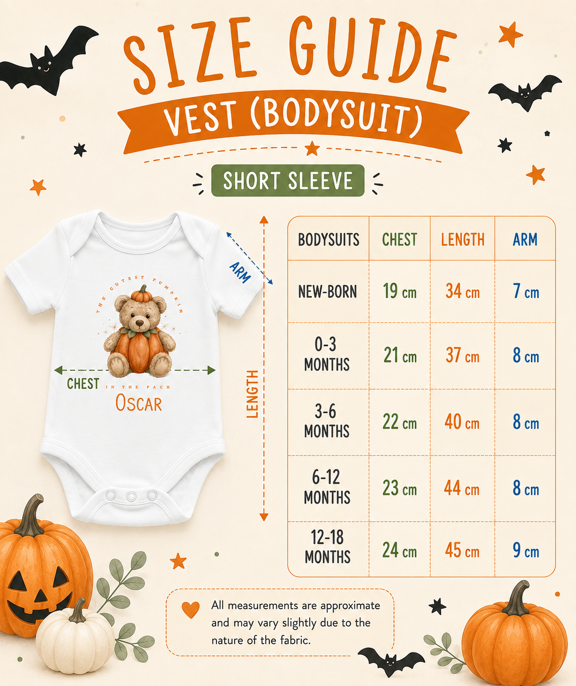 Personalised Baby Halloween Romper Vest or Bib, Pumpkin Bear Design, 100% Cotton