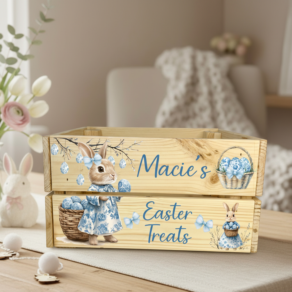 Blue Floral Easter Crates with Realistic Home Background