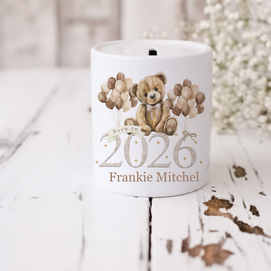 Personalised Ceramic Money Box - Born in 2026 Bear