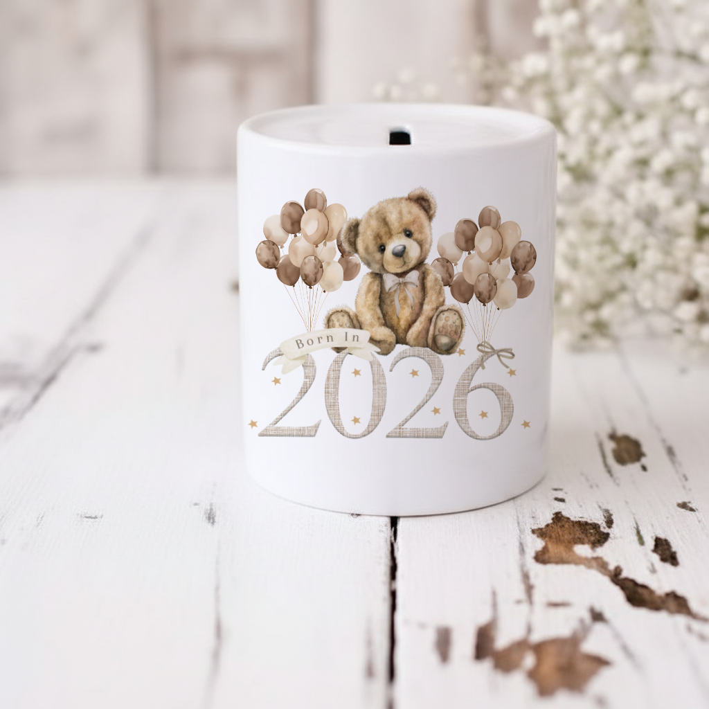 Personalised Ceramic Money Box - Born in 2026 Bear