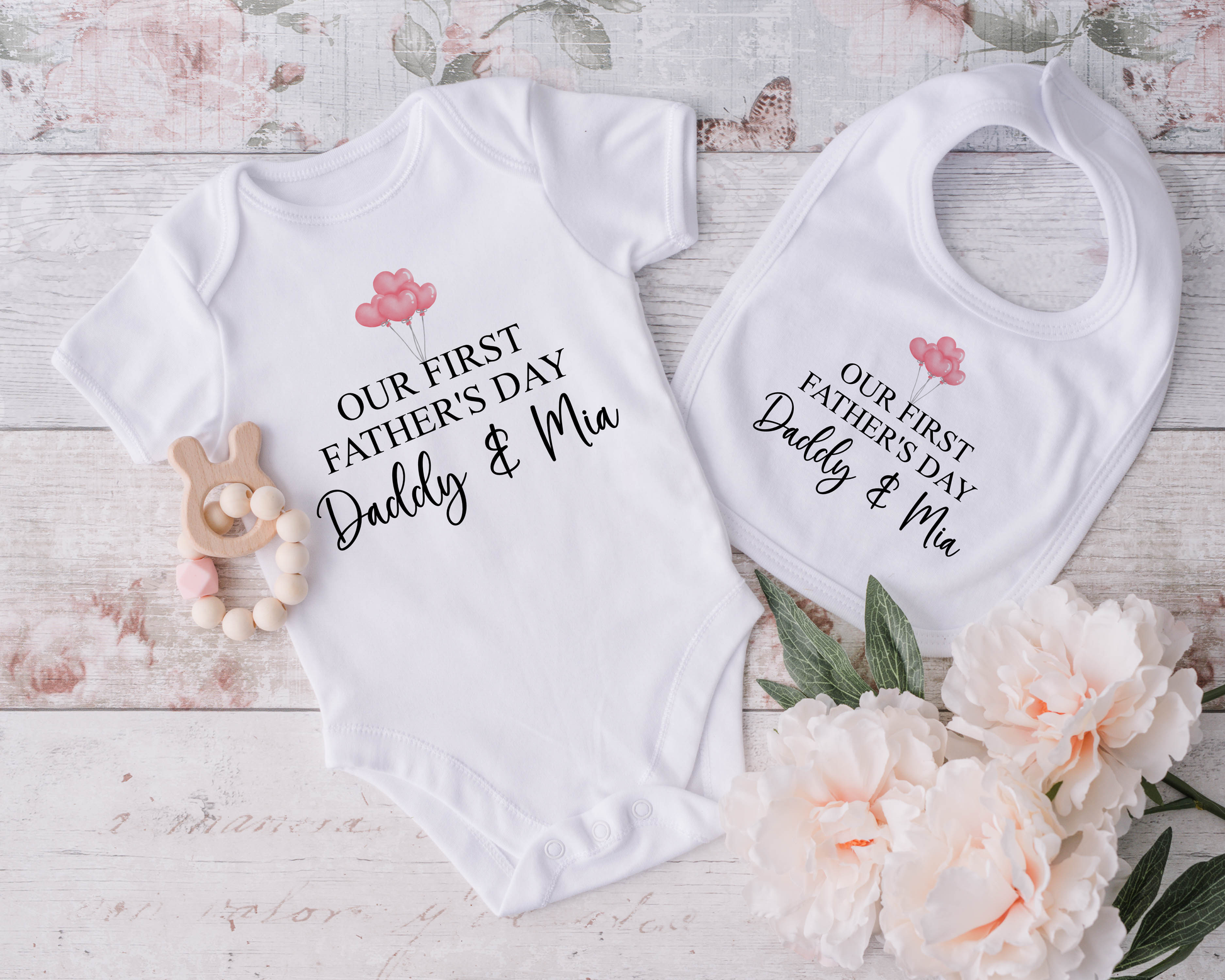 Personalised Our First Fathers Day Baby Grow, Bib or Sleepsuit -Pink Balloons image 0