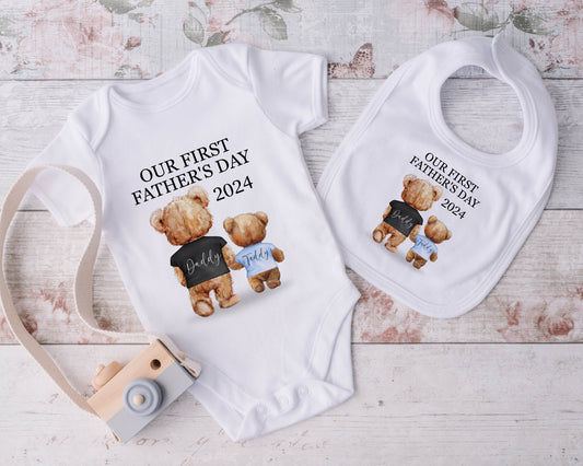Our First Fathers Day Blue Bear Baby Grow, Bib or Sleepsuit image 0